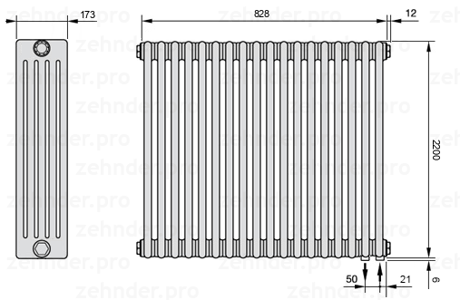 Схема (чертеж) Радиатор Zehnder Charleston 5220/18 №5510 Белый глянцевый RAL 9016